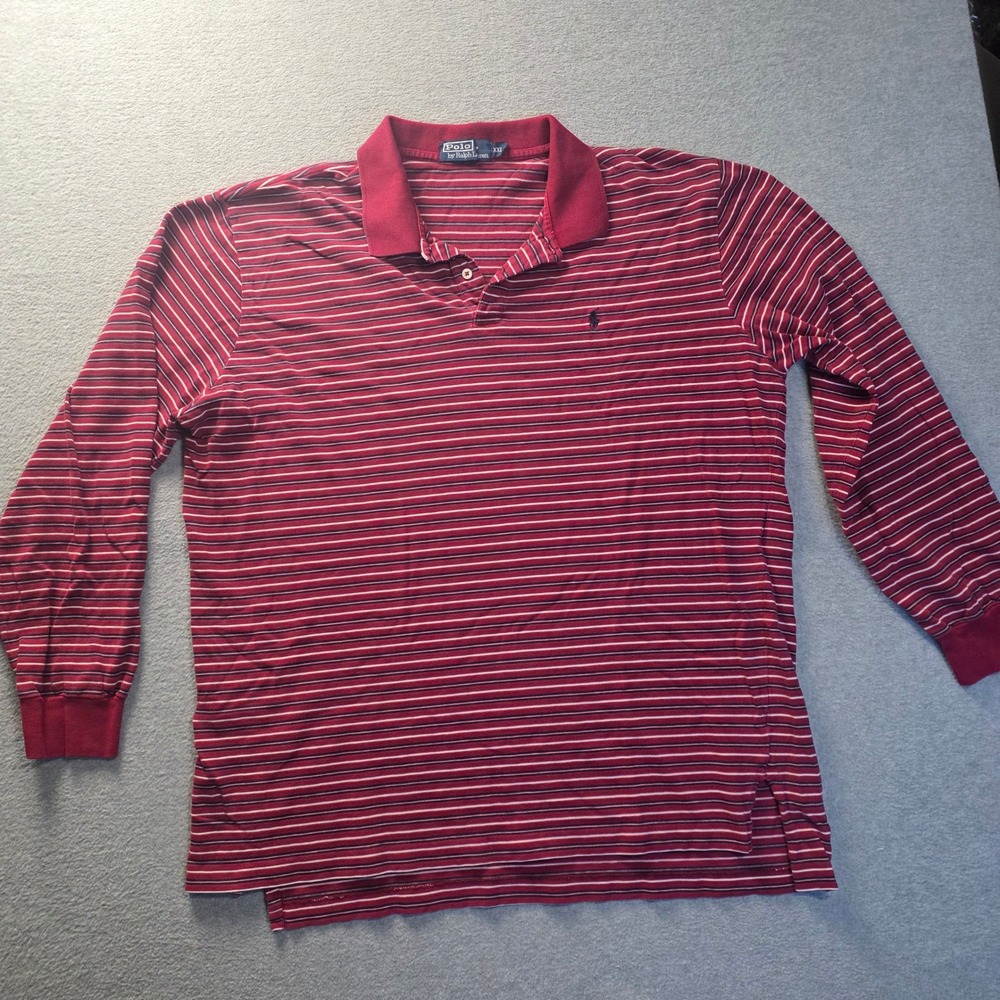 Polo Ralph Lauren Polo Shirt Mens XXL Burgundy Red Stripe Long Sleeve Cotton